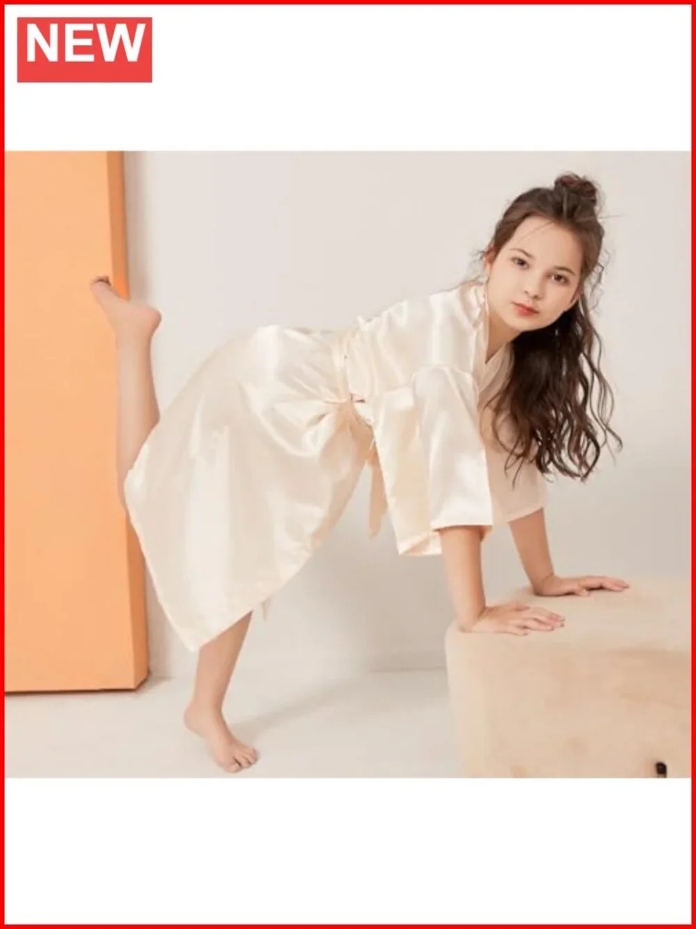Girls Satin Kimono Robe Wedding Party Spa Bathrobe Soft Lightweight